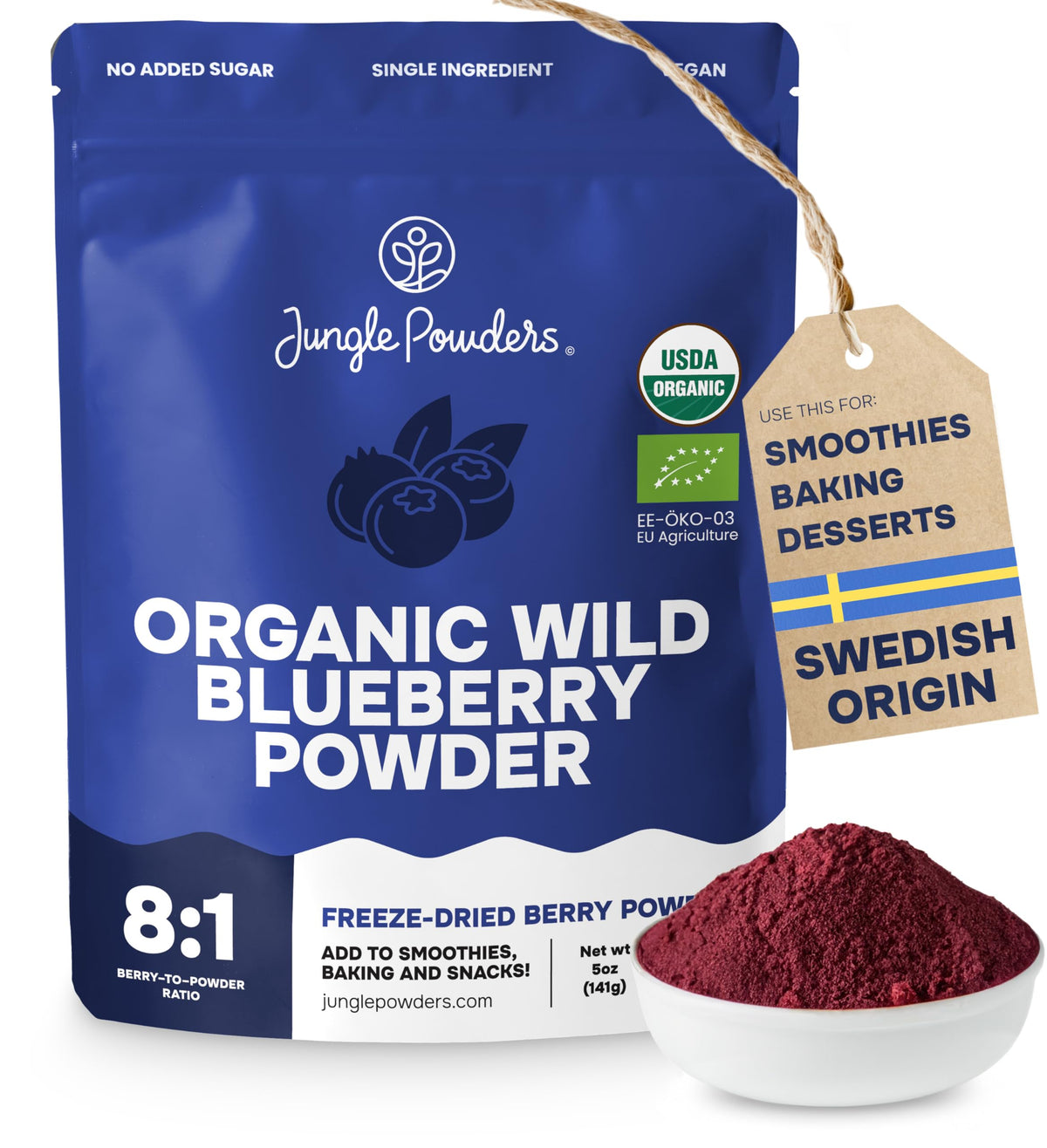 Jungle Powders Wild Blueberry Powder Organic 5 oz — USDA Certified & Lab-Tested