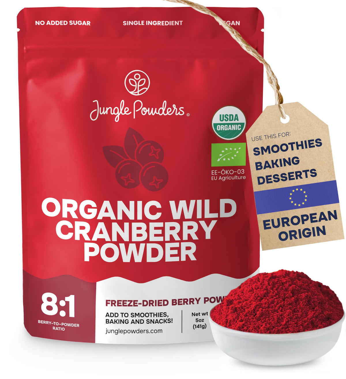 Jungle Powders Wild Cranberry Powder Organic — 5 oz Freeze-Dried Cranberries for Baking, Smoothies & Flavoring