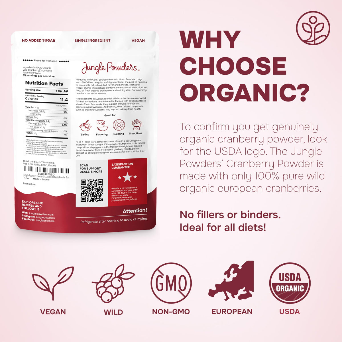 Jungle Powders Wild Cranberry Powder Organic — 5 oz Freeze-Dried Cranberries for Baking, Smoothies & Flavoring
