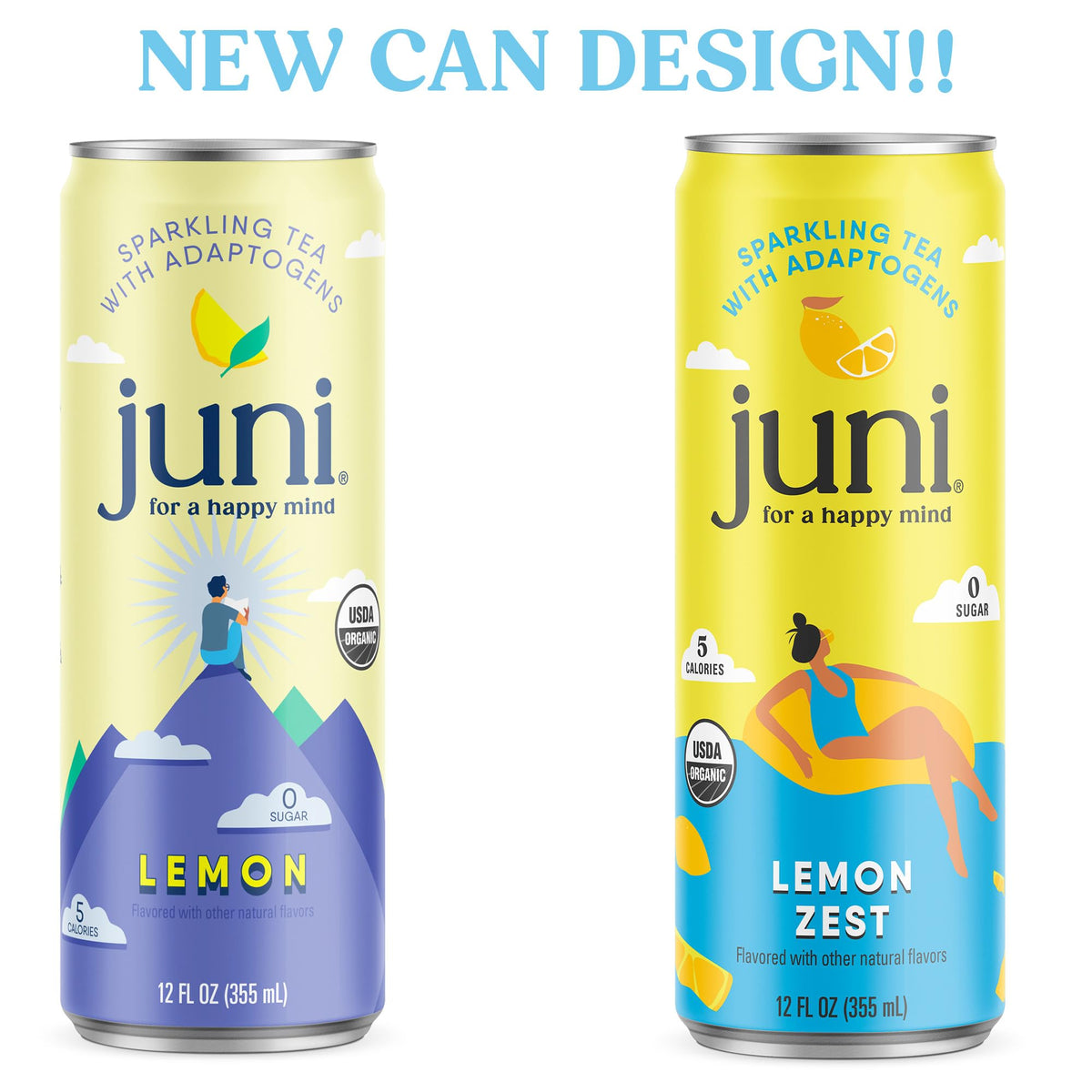 JUNI Sparkling Adaptogen Lemon Drink with Ashwagandha, Lion’s Mane & Reishi – Zero Sugar, 5 Calories, Organic, 12 Pack