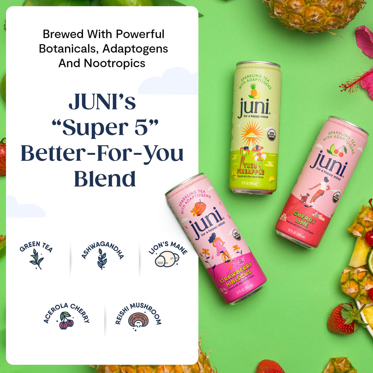 JUNI Sparkling Adaptogen Drink – Yuzu Pineapple, Decaf, 0 Sugar, 5 Calories | 12 Pack
