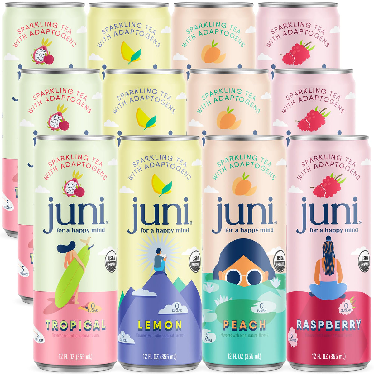 JUNI Sparkling Adaptogen Drink — Ashwagandha, Lion’s Mane & Reishi | Zero Sugar, 5 Calories, Organic 12-Pack