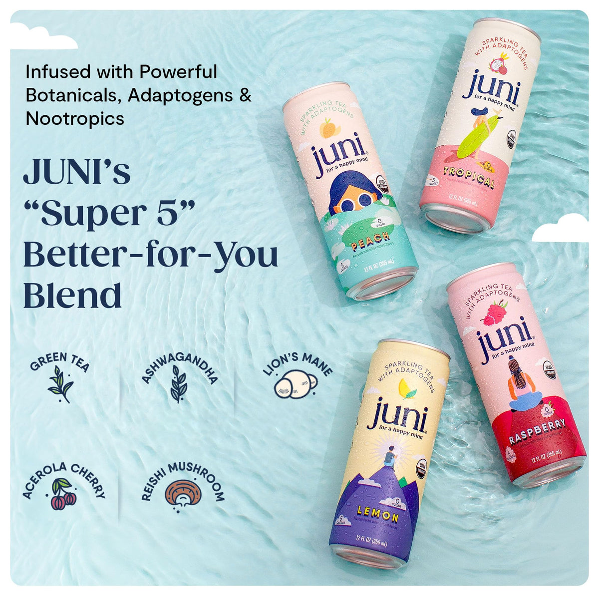 JUNI Sparkling Adaptogen Drink — Ashwagandha, Lion’s Mane & Reishi | Zero Sugar, 5 Calories, Organic 12-Pack