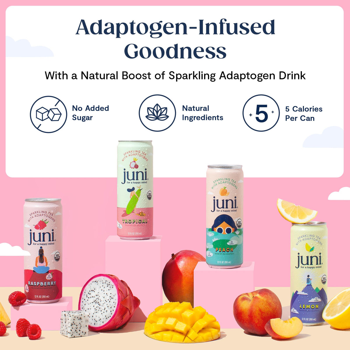 JUNI Sparkling Adaptogen Drink — Ashwagandha, Lion’s Mane & Reishi | Zero Sugar, 5 Calories, Organic 12-Pack