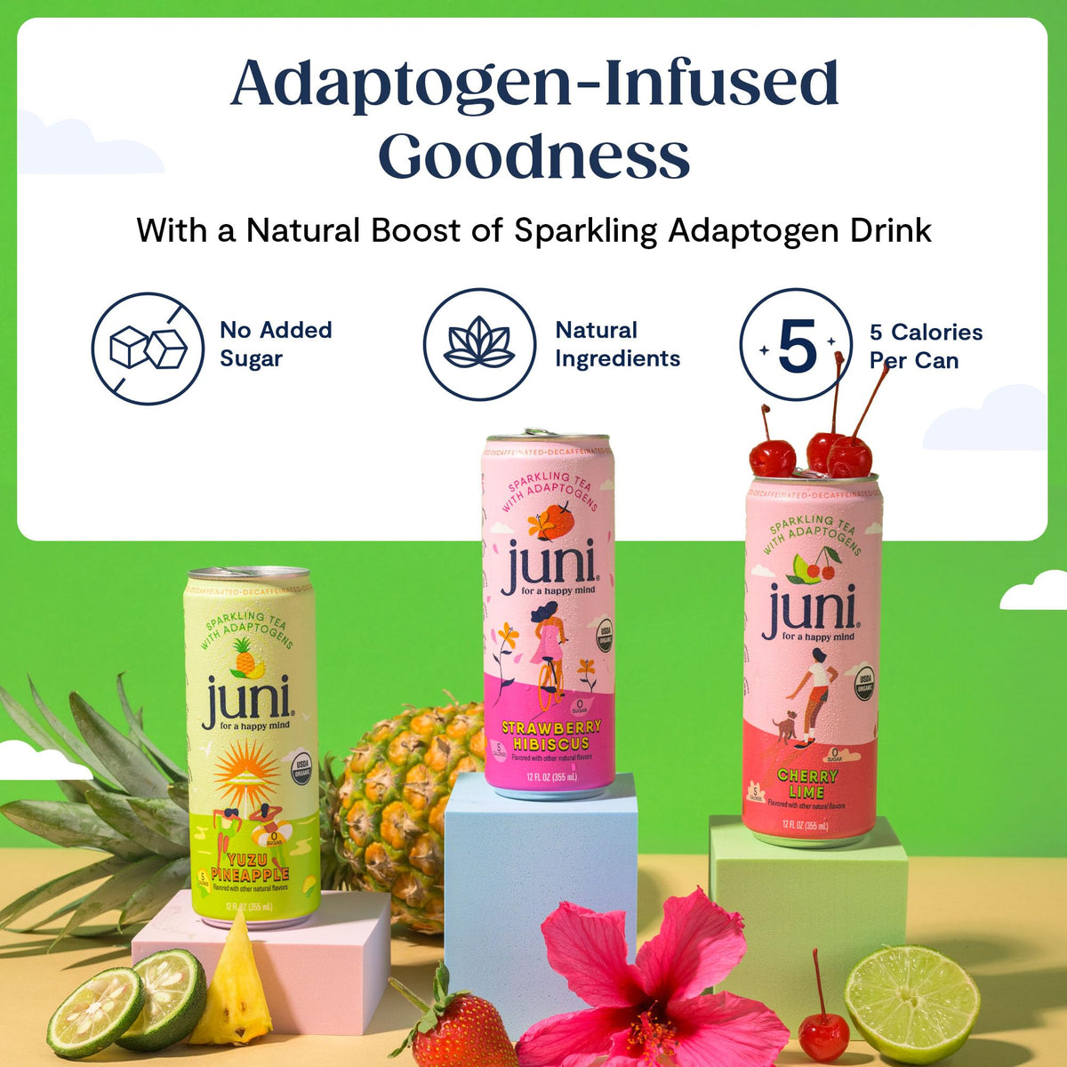 JUNI Sparkling Adaptogen Drink Pack — Ashwagandha, Lion’s Mane & Reishi, 0 Sugar, 5 Calories, Decaf, 12 Pack