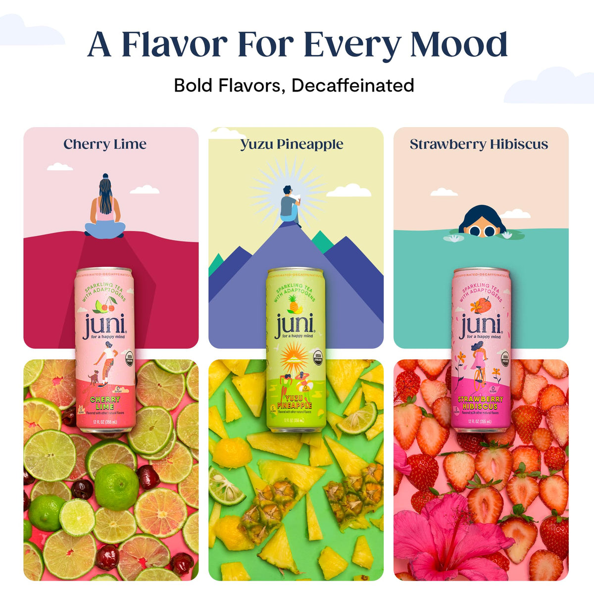 JUNI Sparkling Adaptogen Drink Pack — Ashwagandha, Lion’s Mane & Reishi, 0 Sugar, 5 Calories, Decaf, 12 Pack