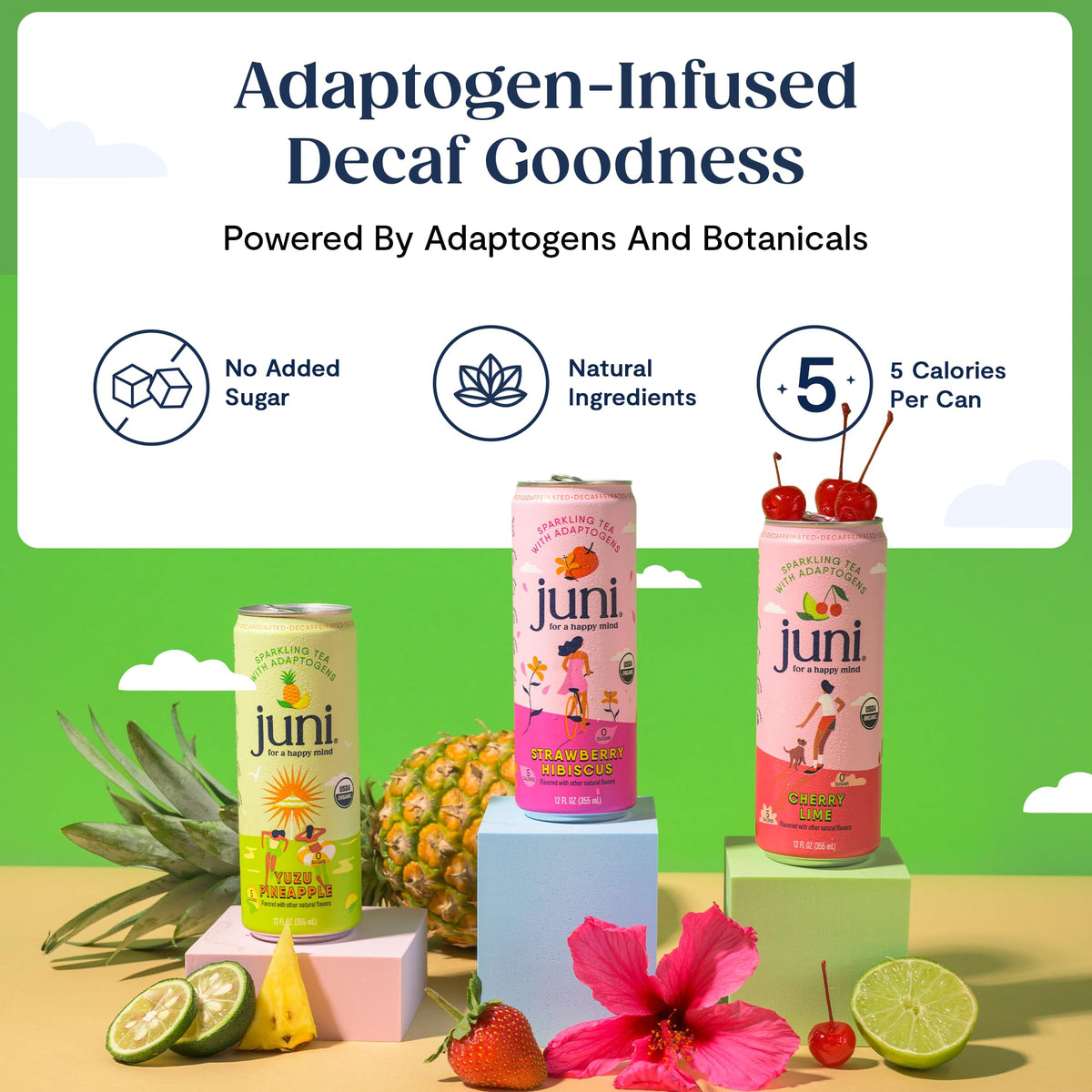 JUNI Sparkling Adaptogen Drink – Yuzu Pineapple, Decaf, 0 Sugar, 5 Calories | 12 Pack
