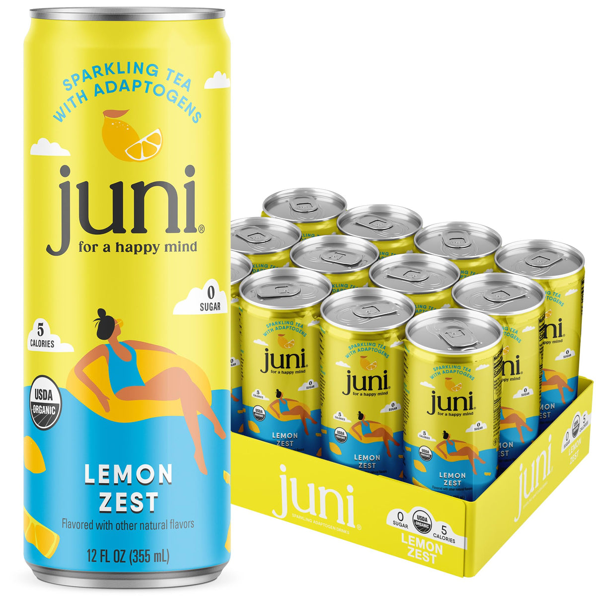 JUNI Sparkling Adaptogen Lemon Drink with Ashwagandha, Lion’s Mane & Reishi – Zero Sugar, 5 Calories, Organic, 12 Pack
