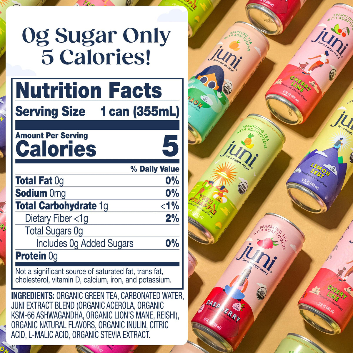 JUNI Sparkling Adaptogen Drink – Yuzu Pineapple, Decaf, 0 Sugar, 5 Calories | 12 Pack