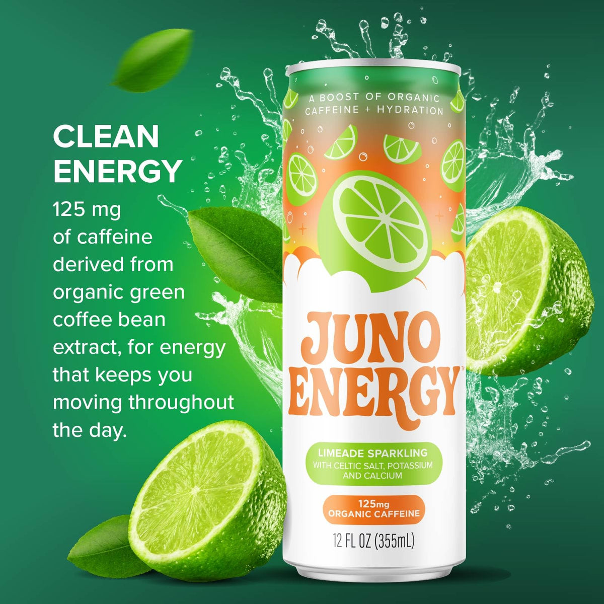 JUNO ENERGY Variety Pack – Sugar-Free Electrolyte Drink with 125mg Organic Caffeine, Lime & Cherry, Stevia Sweetener, 12 Pack | Vegan, Gluten-Free