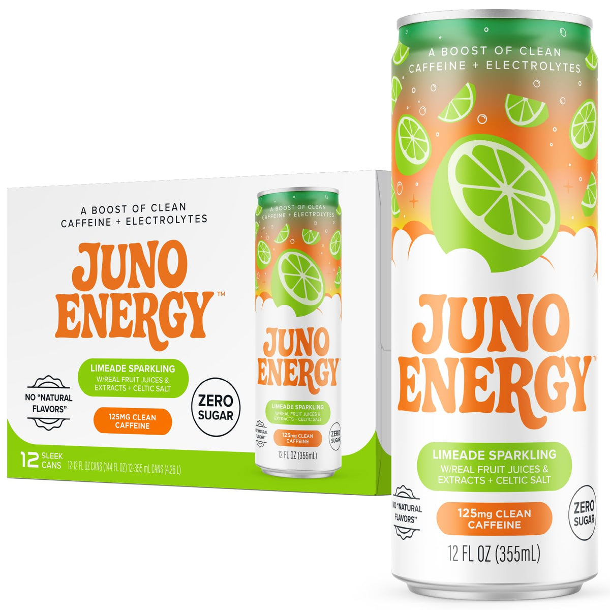 JUNO ENERGY Limeade Sparkling Energy Drink — Sugar Free, 125 mg Caffeine, Electrolytes, Lime Flavor | Vegan, Gluten Free | 12 Pack