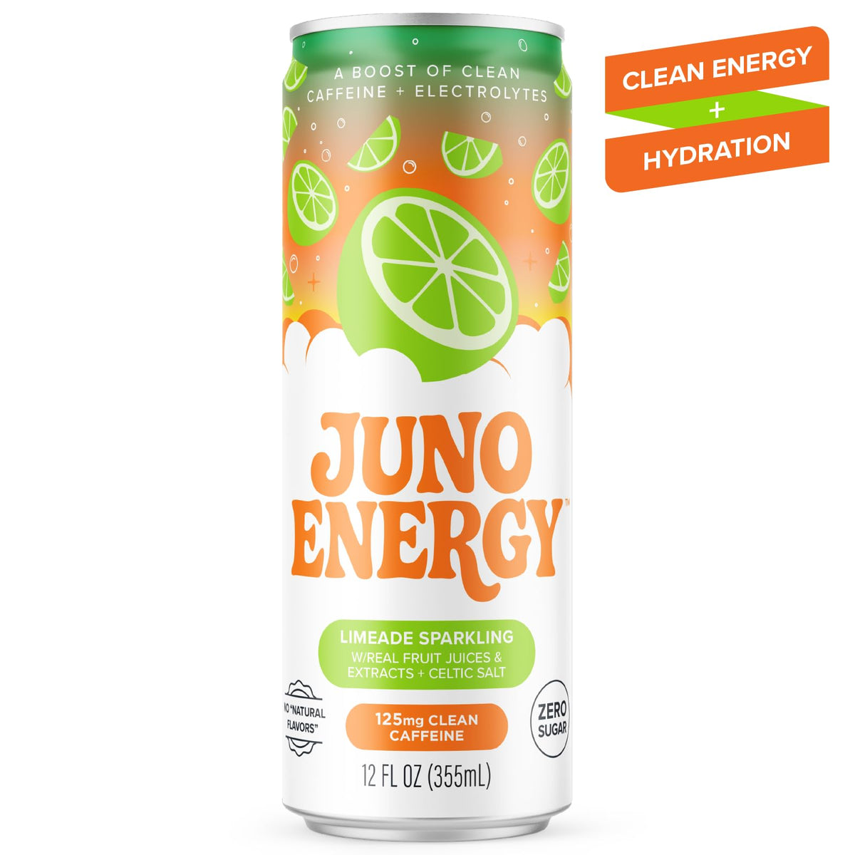 JUNO ENERGY Limeade Sparkling Energy Drink — Sugar Free, 125 mg Caffeine, Electrolytes, Lime Flavor | Vegan, Gluten Free | 12 Pack