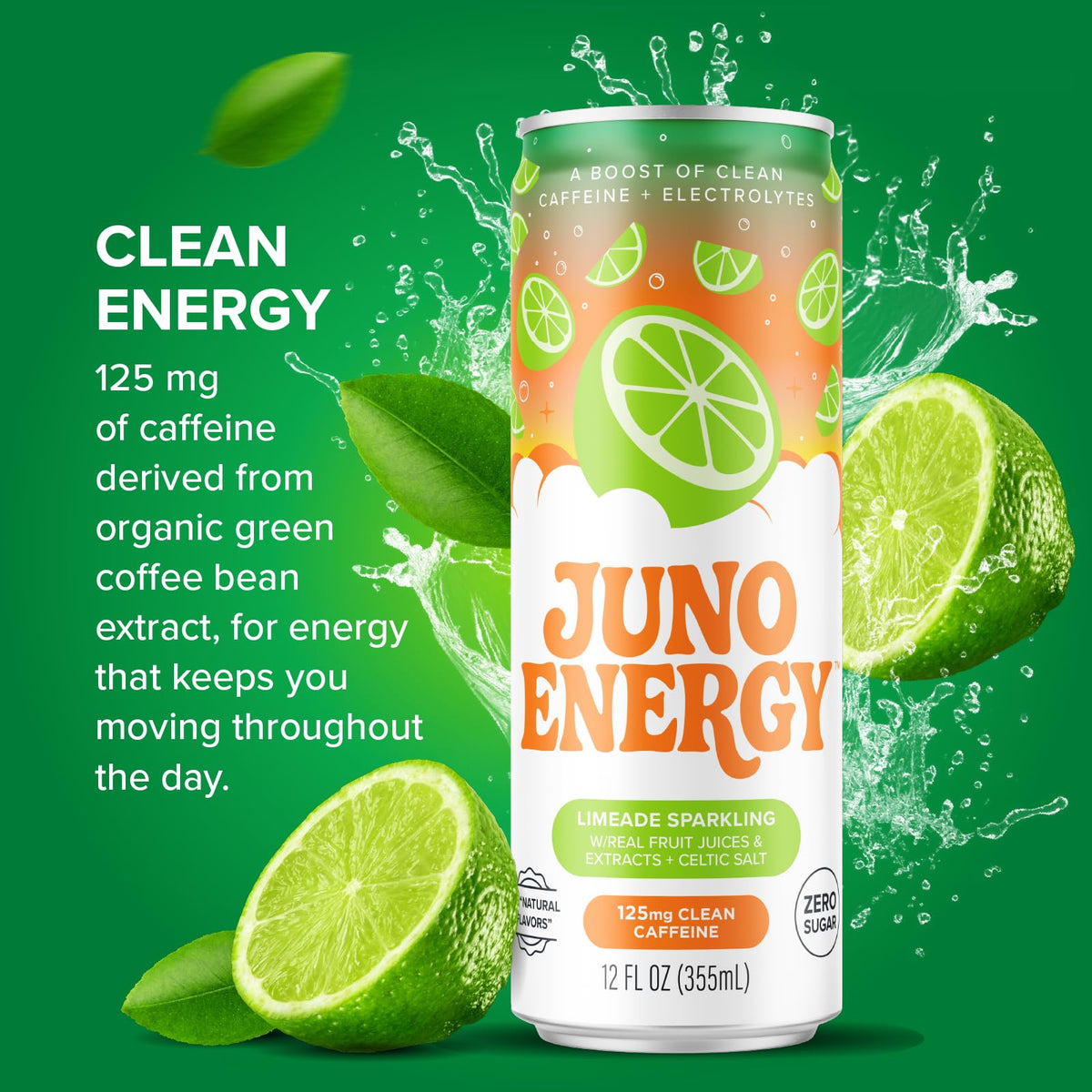 JUNO ENERGY Limeade Sparkling Energy Drink — Sugar Free, 125 mg Caffeine, Electrolytes, Lime Flavor | Vegan, Gluten Free | 12 Pack
