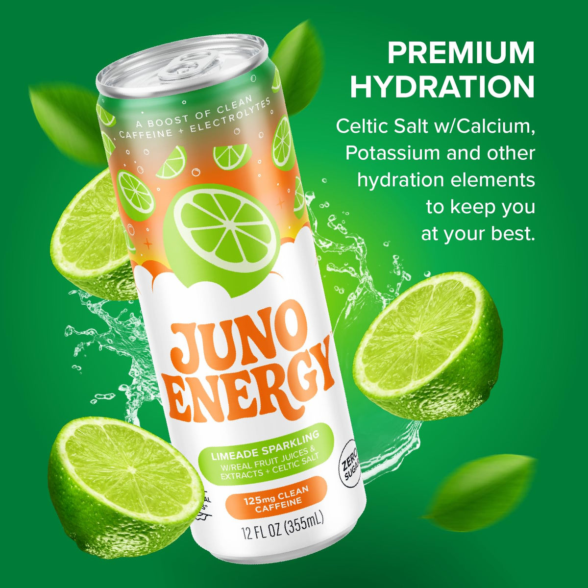 JUNO ENERGY Limeade Sparkling Energy Drink — Sugar Free, 125 mg Caffeine, Electrolytes, Lime Flavor | Vegan, Gluten Free | 12 Pack