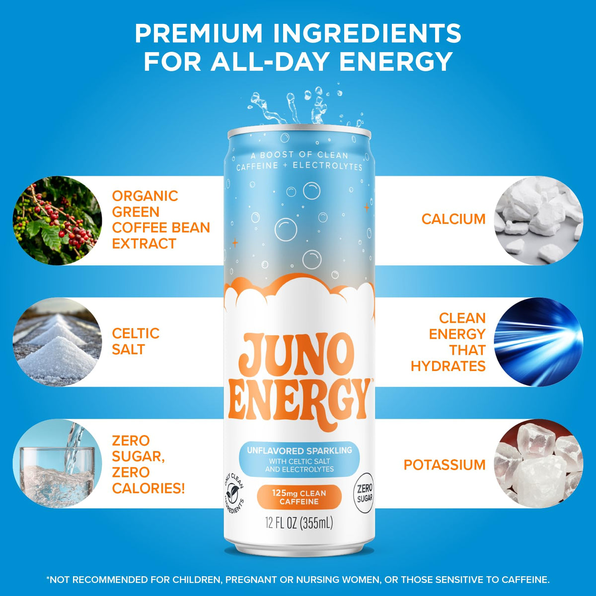 JUNO ENERGY Unflavored Sparkling Energy Drink – Sugar Free, 125mg Organic Caffeine, Celtic Salt & Hydration – 12 Pack