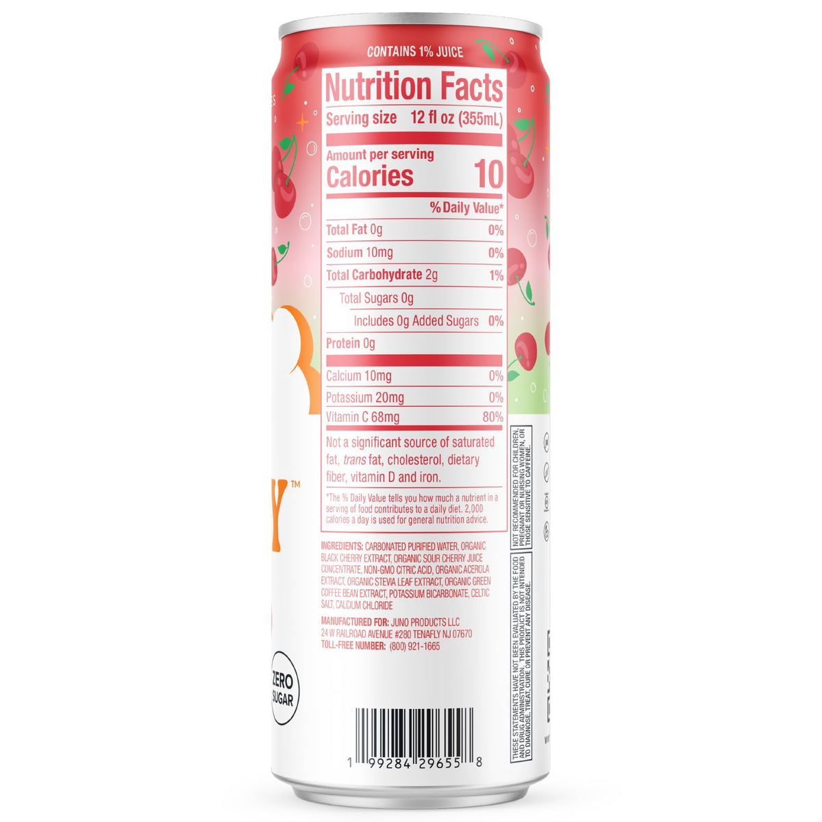 JUNO ENERGY Organic Cherry Sparkling Energy Drink – Sugar Free, 125mg Caffeine, Hydration (12 Pack)