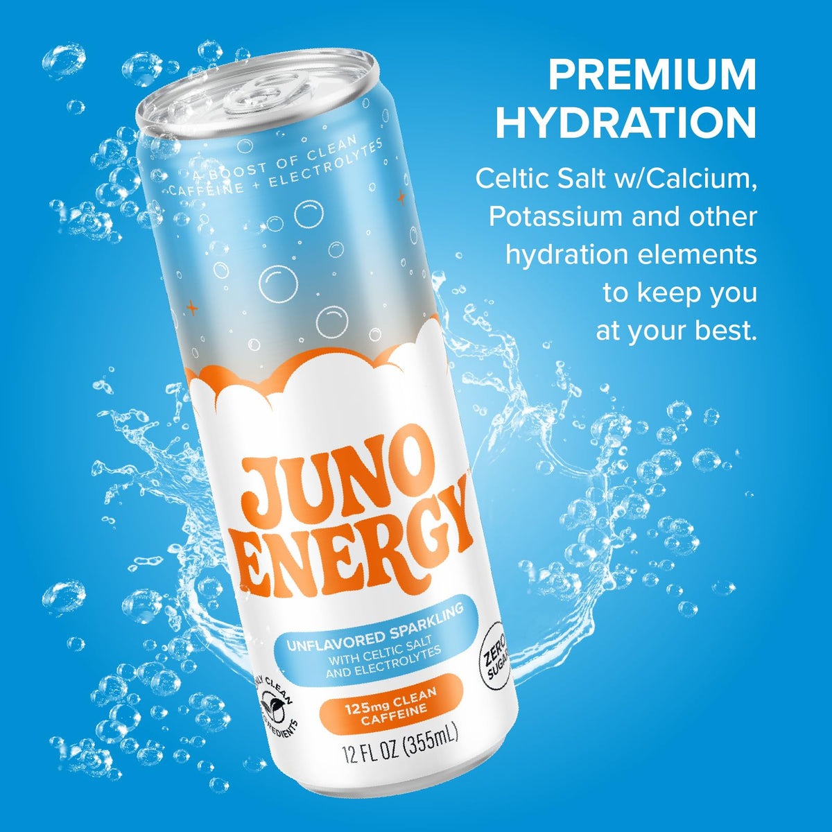 JUNO ENERGY Unflavored Sparkling Energy Drink – Sugar Free, 125mg Organic Caffeine, Celtic Salt & Hydration – 12 Pack
