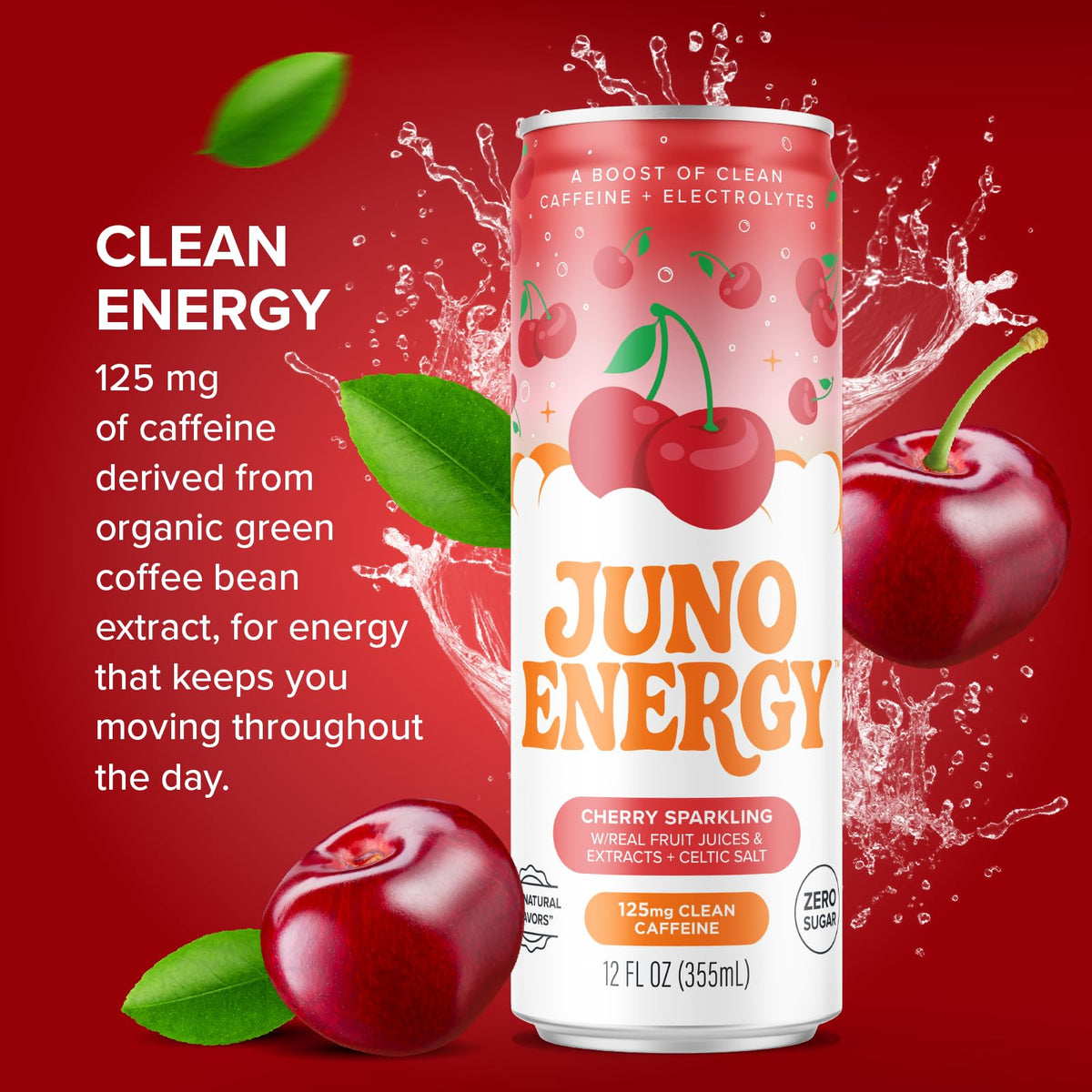 JUNO ENERGY Organic Cherry Sparkling Energy Drink – Sugar Free, 125mg Caffeine, Hydration (12 Pack)