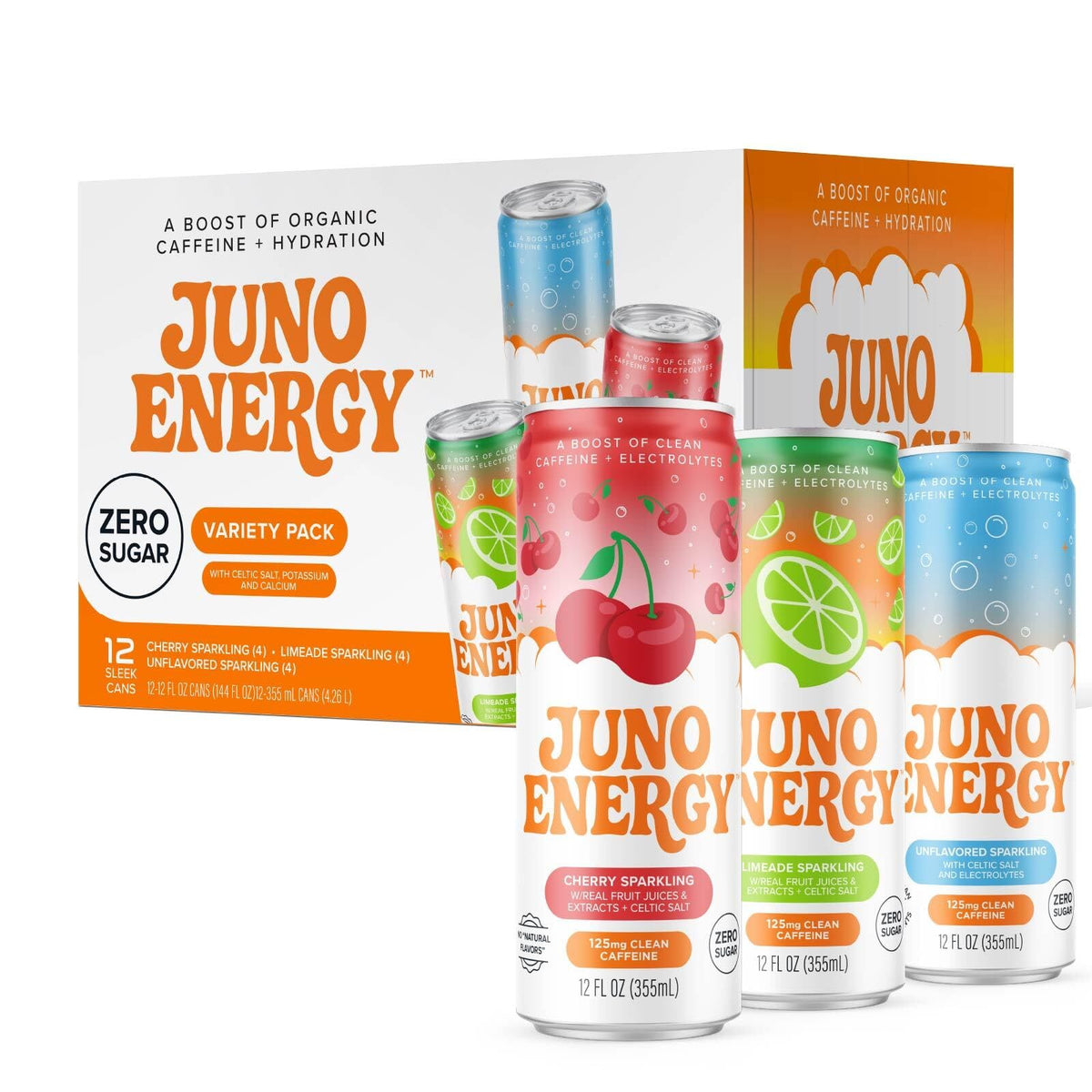 JUNO ENERGY Variety Pack – Sugar-Free Electrolyte Drink with 125mg Organic Caffeine, Lime & Cherry, Stevia Sweetener, 12 Pack | Vegan, Gluten-Free