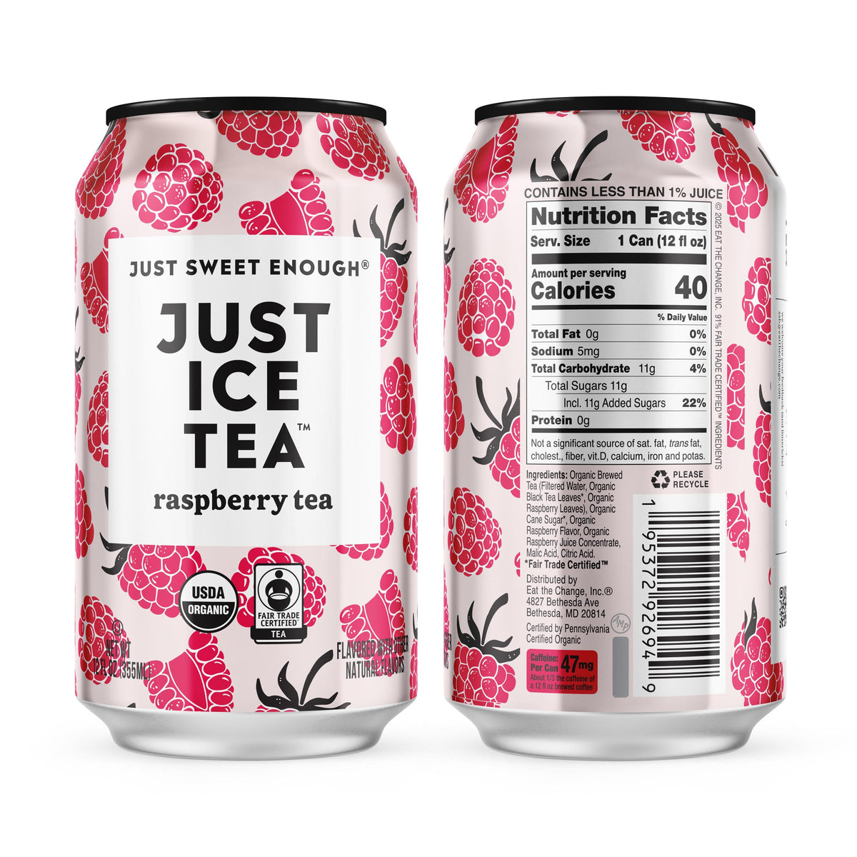 Just Ice Tea Raspberry Flavored Black Iced Tea – USDA Organic, Low Calorie, 12-Pack, Made in USA
