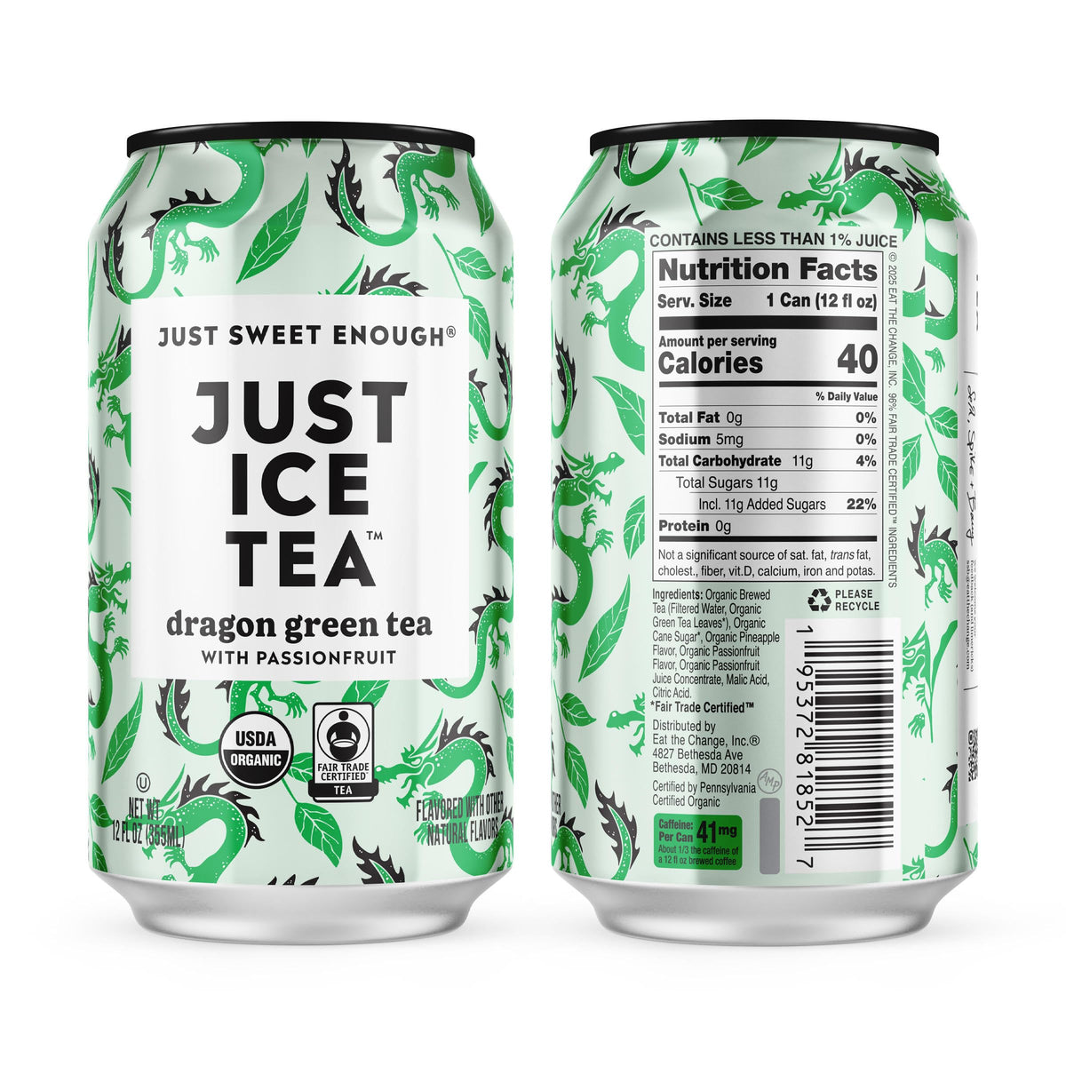 Just Ice Tea Dragon Green Iced Tea - 12-Pack (12oz Cans) | Organic, Real Brewed, Low Calorie, Fair Trade, Made in USA