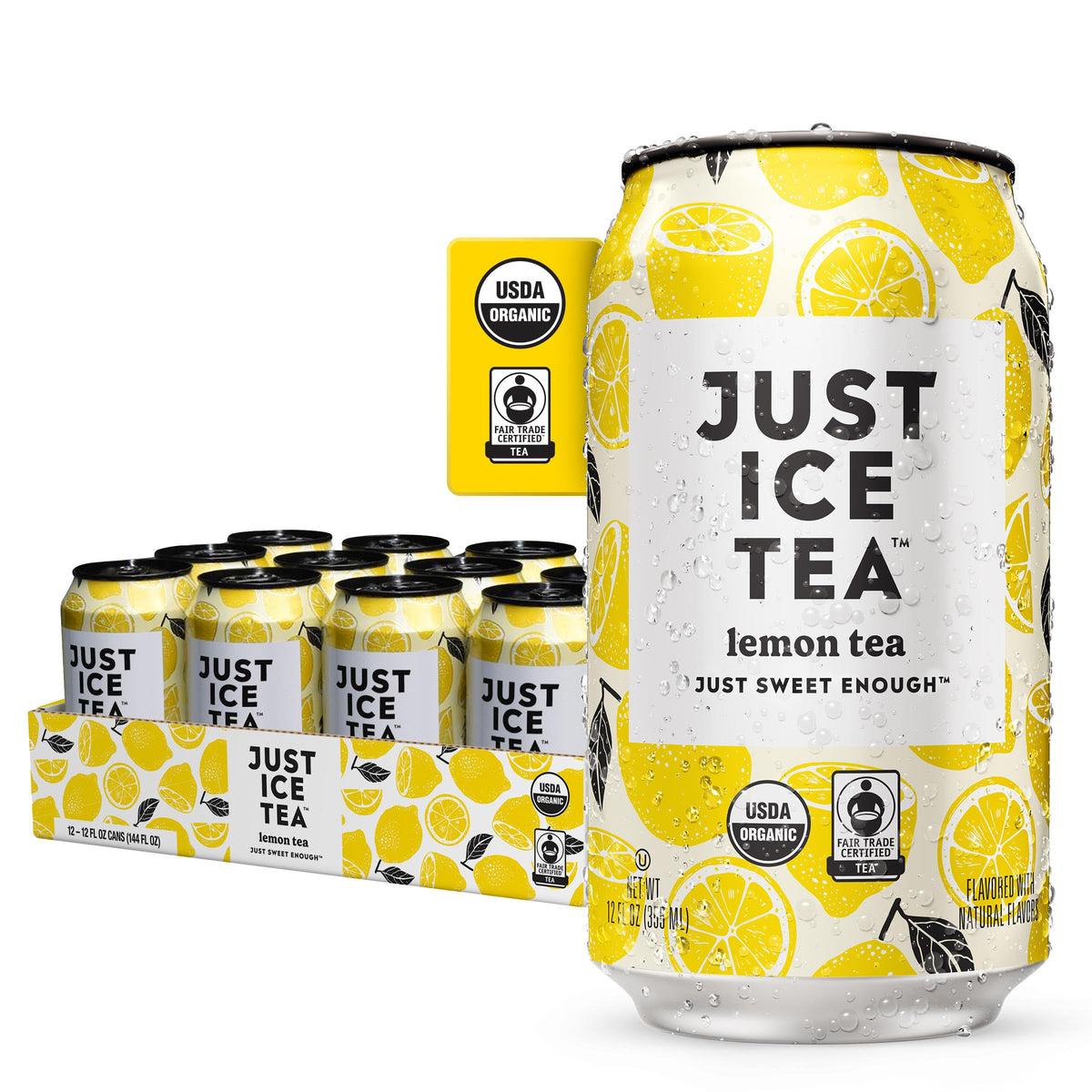 Just Ice Tea Lemon Flavored Black Iced Tea – 12-Pack (12oz Cans), Real Brewed, USDA Organic, Low Calorie, Fair Trade, Made in USA