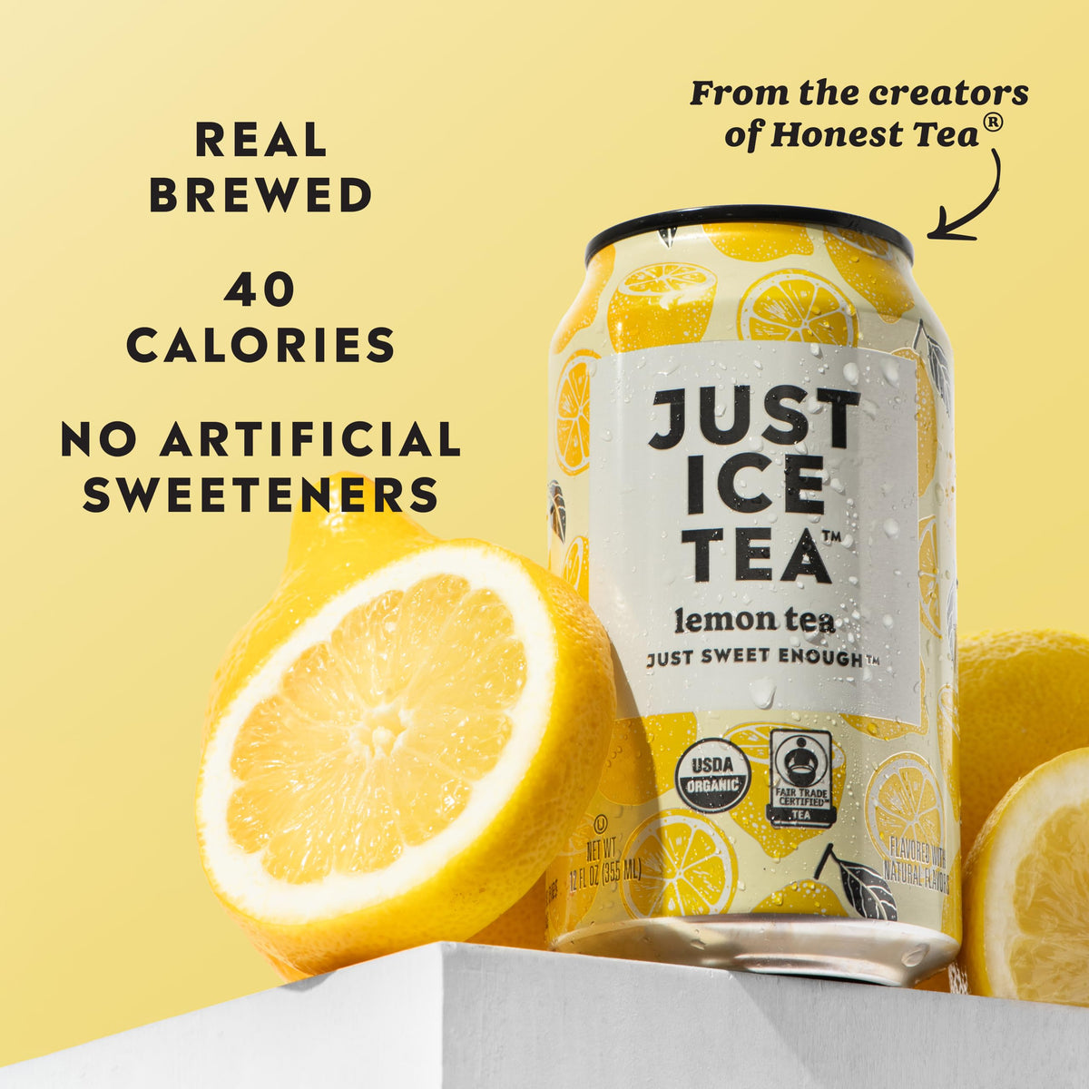 Just Ice Tea Lemon Flavored Black Iced Tea – 12-Pack (12oz Cans), Real Brewed, USDA Organic, Low Calorie, Fair Trade, Made in USA