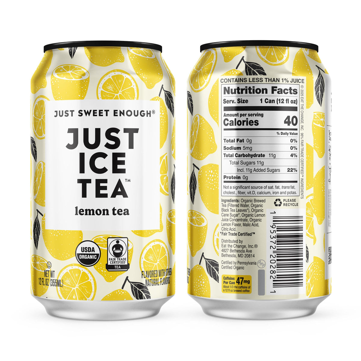 Just Ice Tea Lemon Flavored Black Iced Tea – 12-Pack (12oz Cans), Real Brewed, USDA Organic, Low Calorie, Fair Trade, Made in USA