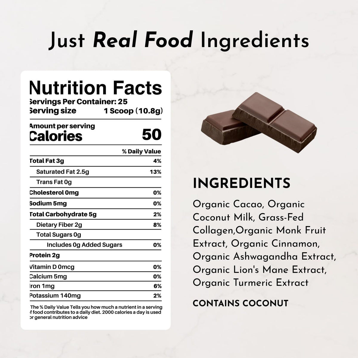 Just Ingredients Superfood Hot Chocolate | 25 Servings, No Sugar Added, Organic Cacao, Collagen & Adaptogens
