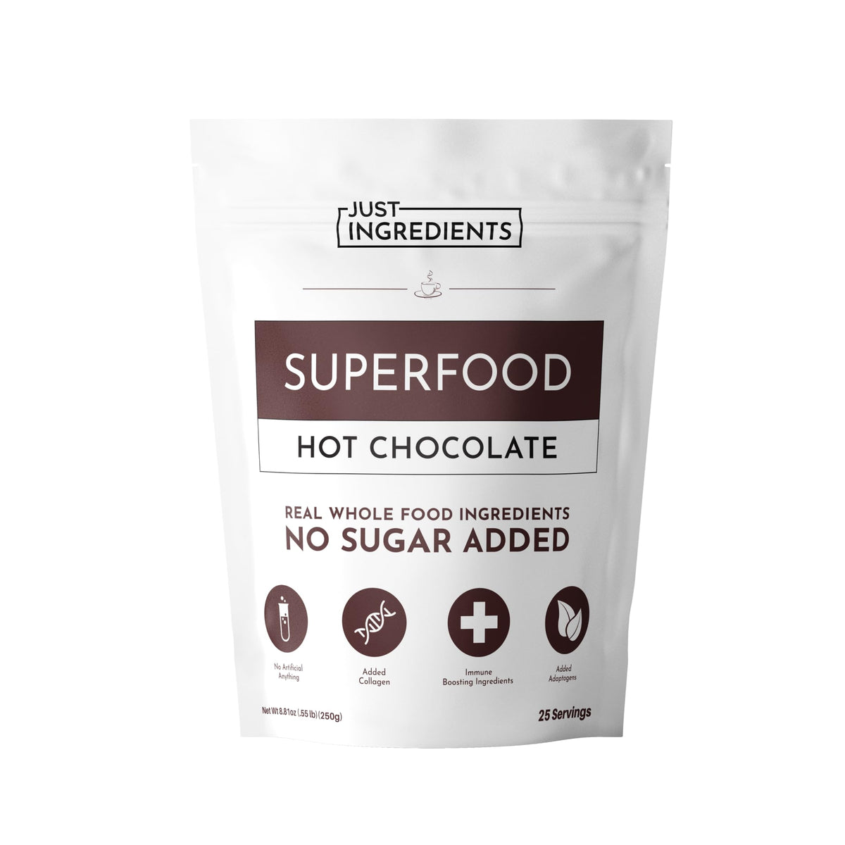 Just Ingredients Superfood Hot Chocolate | 25 Servings, No Sugar Added, Organic Cacao, Collagen & Adaptogens