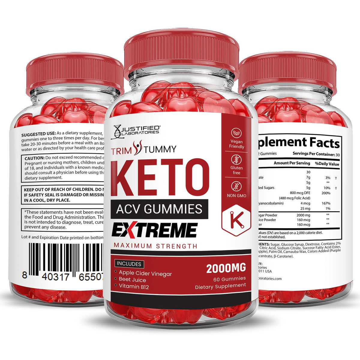 Justified Laboratories Trim Tummy Keto ACV Gummies Extreme 3-Pack 2000MG