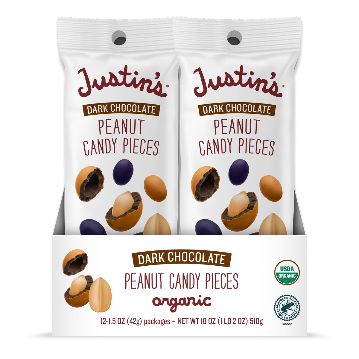 Justin's Dark Chocolate Peanut Candy Pieces — 12 Pack (1.5oz each) | Organic, Gluten Free, Non-GMO