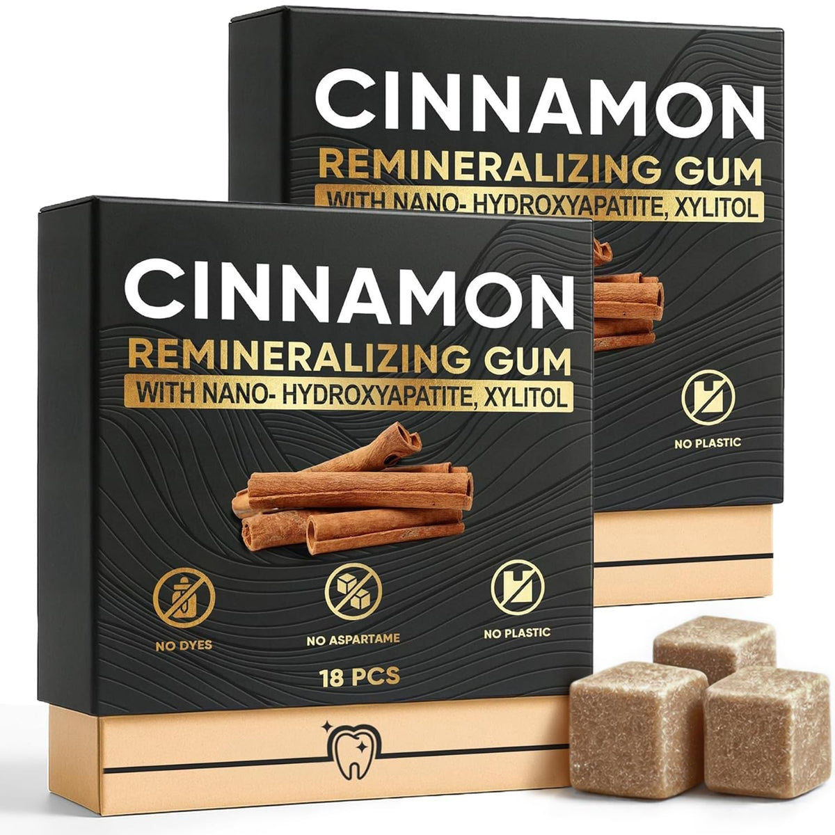 JXSVR Cinnamon Remineralizing Gum — Nano Hydroxyapatite, Sugar-Free Xylitol, Tree Sap Blend | 18-Piece Box (2-Pack)