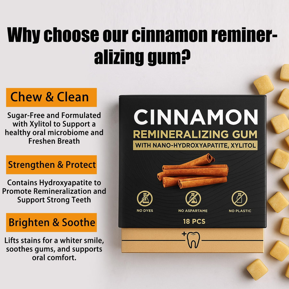 JXSVR Cinnamon Remineralizing Gum — Nano Hydroxyapatite, Sugar-Free Xylitol, Tree Sap Blend | 18-Piece Box (2-Pack)