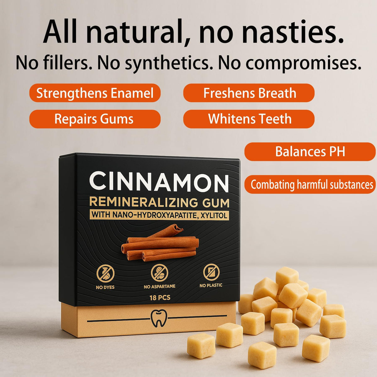 JXSVR Cinnamon Remineralizing Gum — Nano Hydroxyapatite, Sugar-Free Xylitol, Tree Sap Blend | 18-Piece Box (2-Pack)