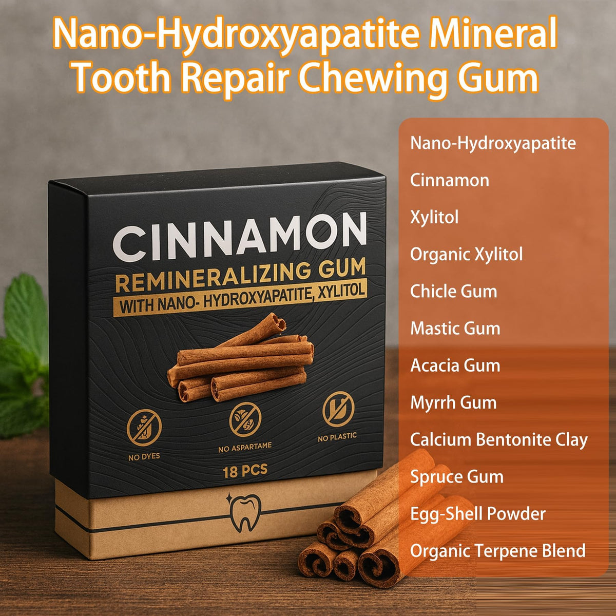 JXSVR Cinnamon Remineralizing Gum — Nano Hydroxyapatite, Sugar-Free Xylitol, Tree Sap Blend | 18-Piece Box (2-Pack)