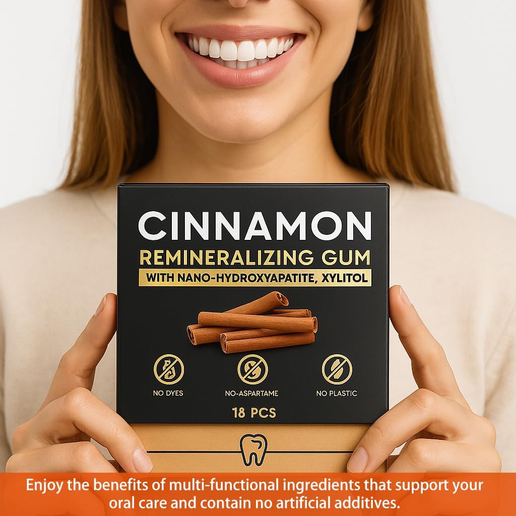 JXSVR Cinnamon Remineralizing Gum — Nano Hydroxyapatite, Sugar-Free Xylitol, Tree Sap Blend | 18-Piece Box (2-Pack)
