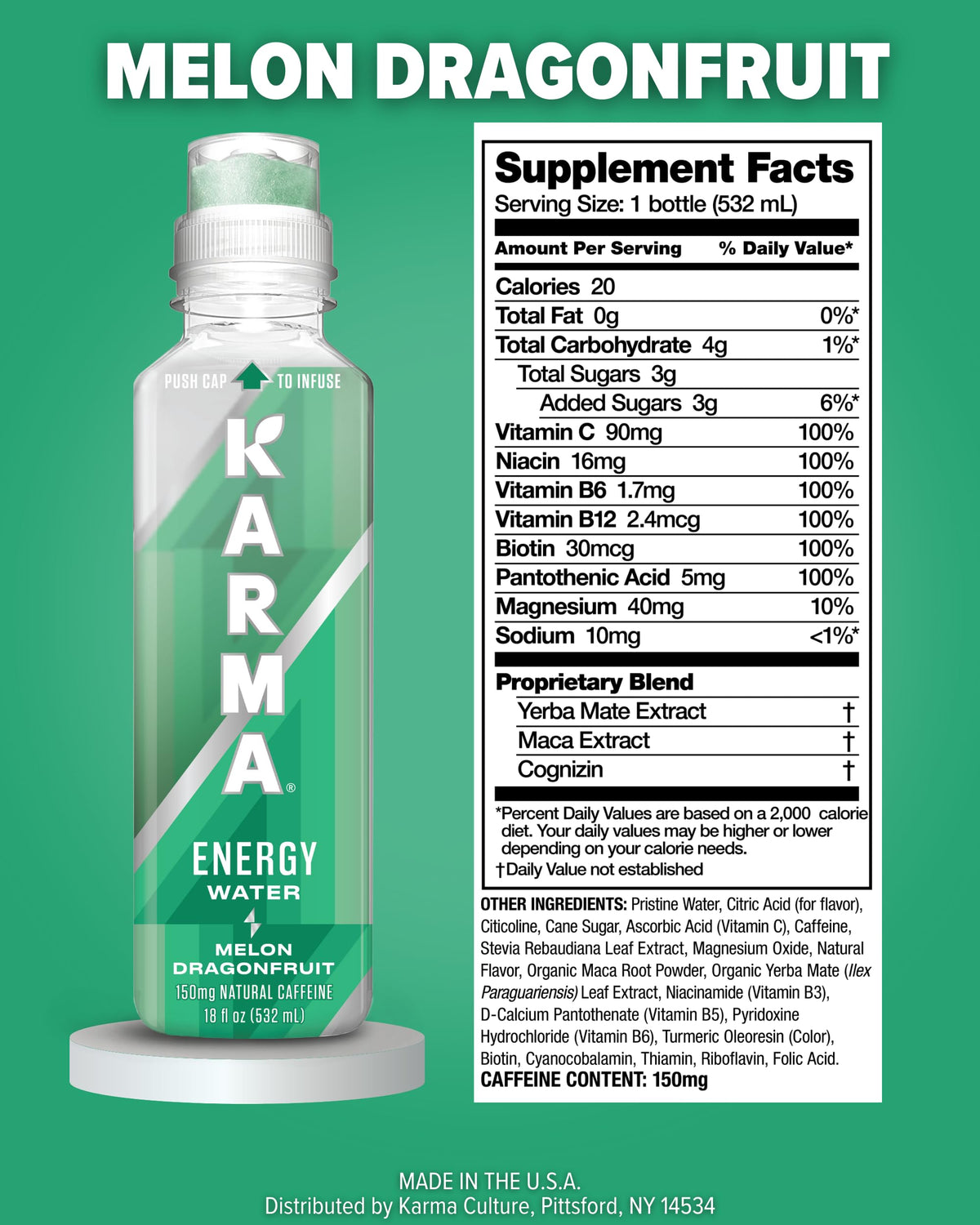 Karma Energy Drink – 12 Pack Melon Dragonfruit, 150mg Caffeine, Cognizin Nootropics, 20 Calories