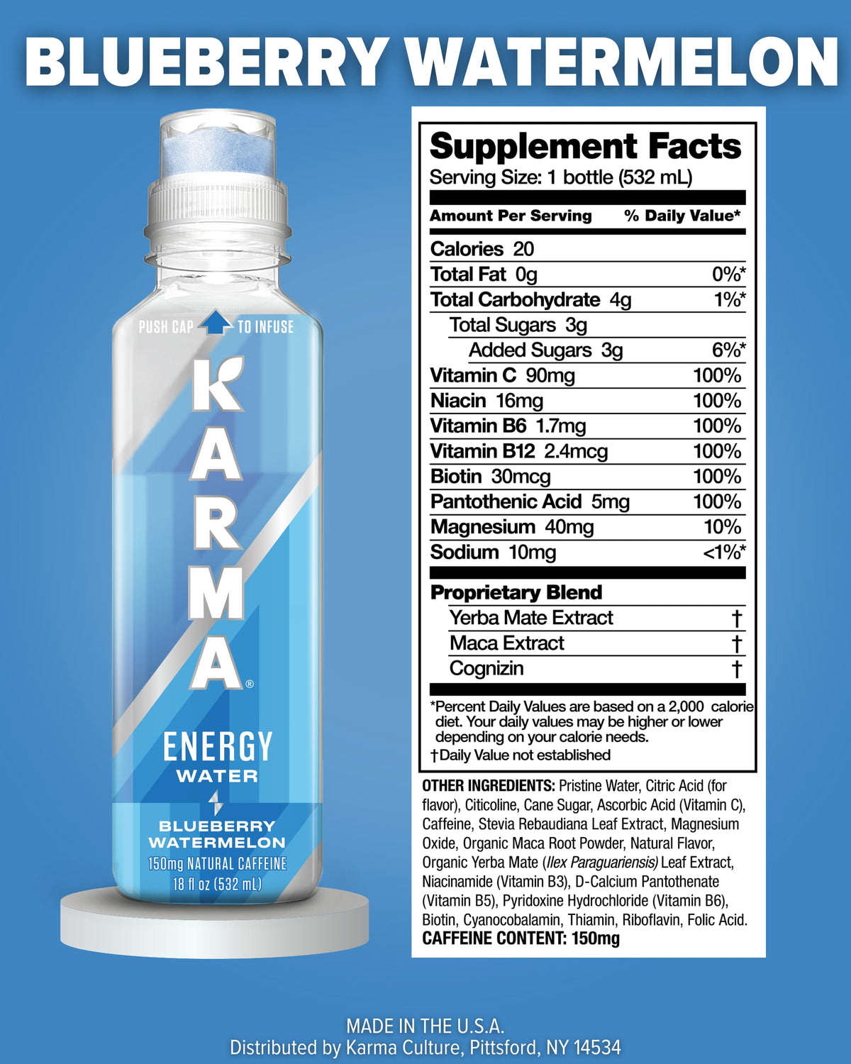 Karma Energy Drink – 12 Pack Blueberry Watermelon with Cognizin Nootropics