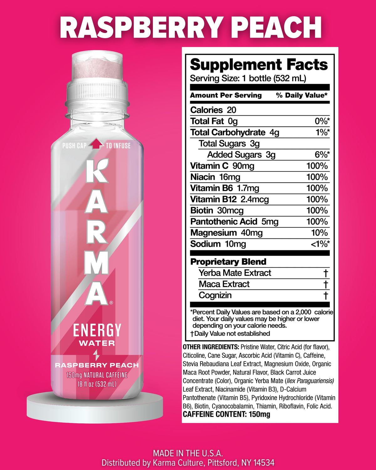 Karma Energy Drink – 12 Pack Raspberry Peach | Cognizin Nootropics & Immune Vitamins