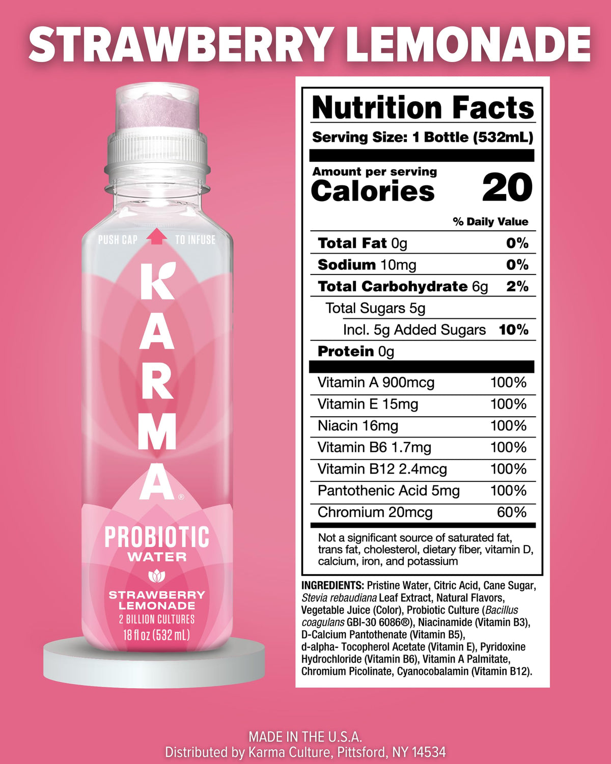 Karma Probiotic Water - 12 Pack Strawberry Lemonade for Immune & Gut Health