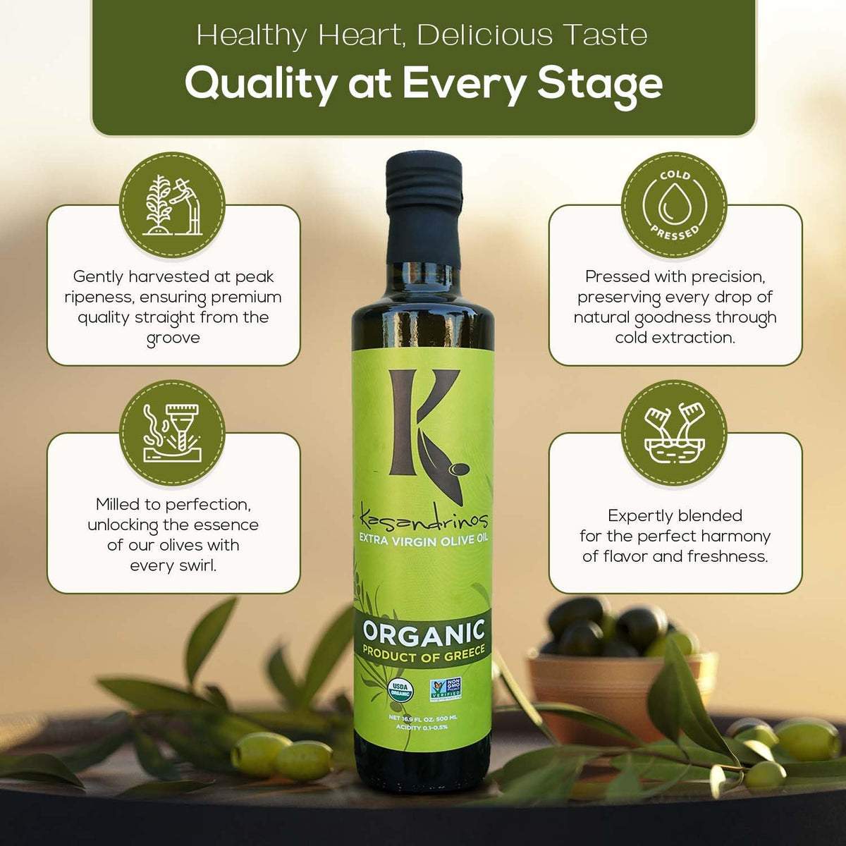 Kasandrinos Organic Olive Oil Extra Virgin – Polyphenol Rich Greek Olive Oil, 100% Organic, First Cold Pressed, Mild & Delicate, 500 ml