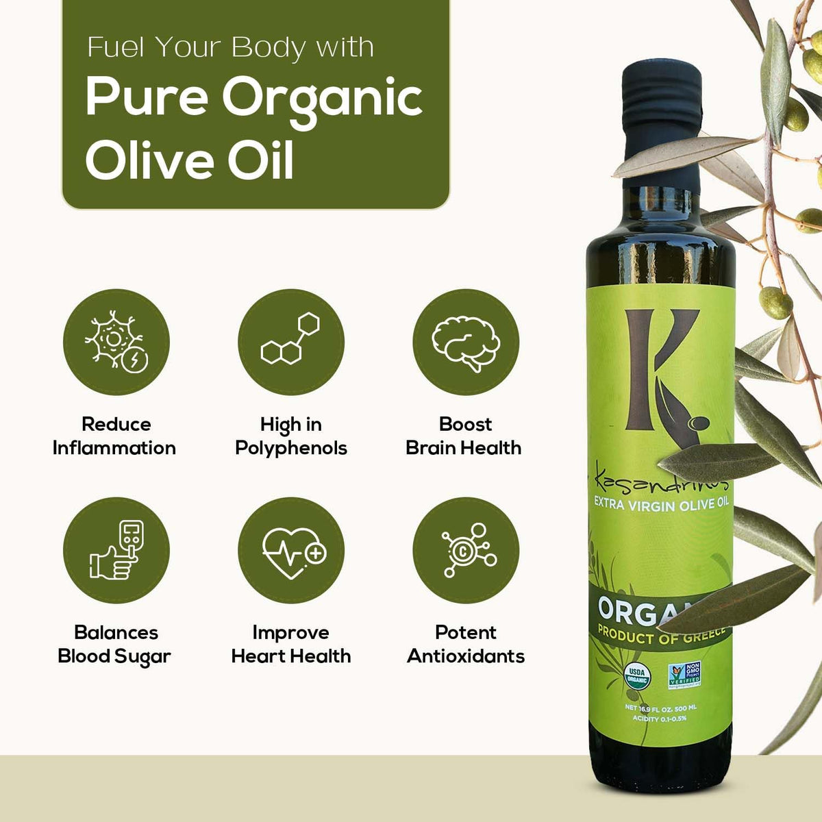 Kasandrinos Organic Olive Oil Extra Virgin – Polyphenol Rich Greek Olive Oil, 100% Organic, First Cold Pressed, Mild & Delicate, 500 ml