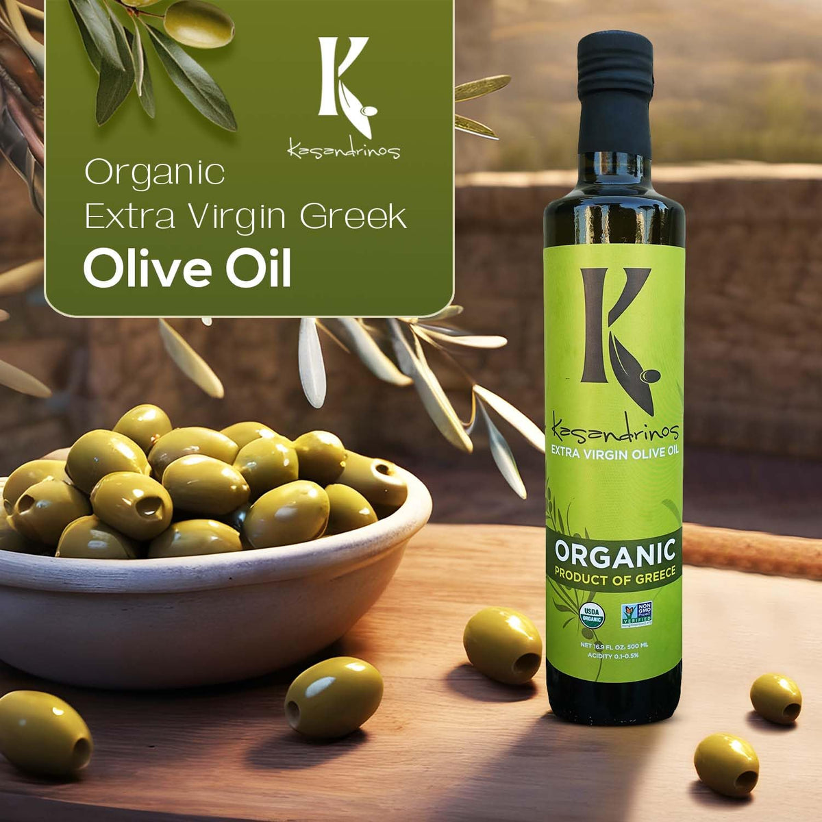 Kasandrinos Organic Olive Oil Extra Virgin – Polyphenol Rich Greek Olive Oil, 100% Organic, First Cold Pressed, Mild & Delicate, 500 ml
