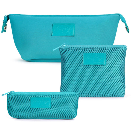 Kat Myhr Neoprene Washable Travel Makeup & Cosmetic Bag Set, 2 Air Mesh Pouches,100% Neoprene Toiletry Bag, Large Water Resistant Travel Bag for Toiletries, Makeup Cosmetic Travel Bag (Turquoise)