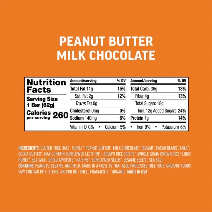 Kate's Real Food Organic Granola Bars - Peanut Butter Milk Chocolate (2.2 oz, Pack of 12) | Gluten Free & Non-GMO