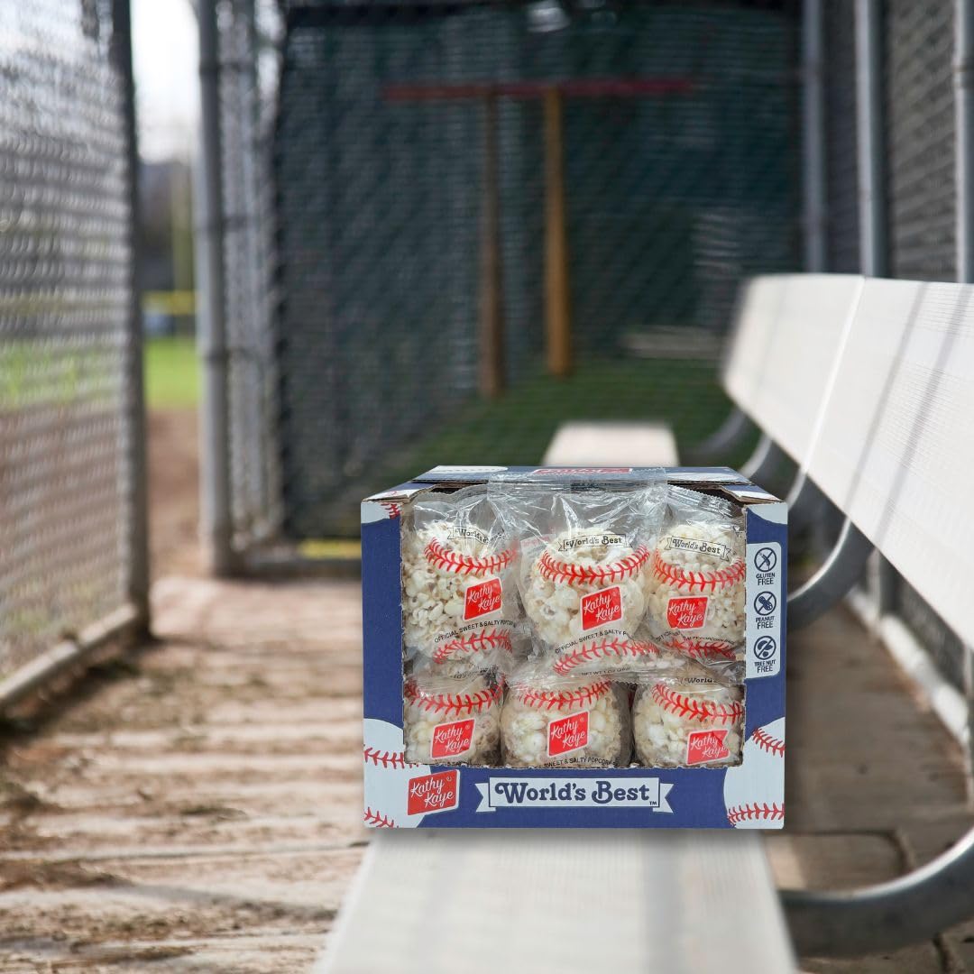 Kathy Kaye Baseball Sweet & Salty Popcorn Balls – 18 Count Box for Game Day & Parties