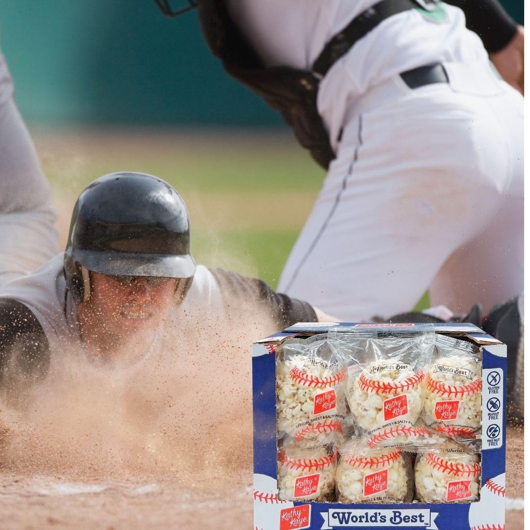 Kathy Kaye Baseball Sweet & Salty Popcorn Balls – 18 Count Box for Game Day & Parties
