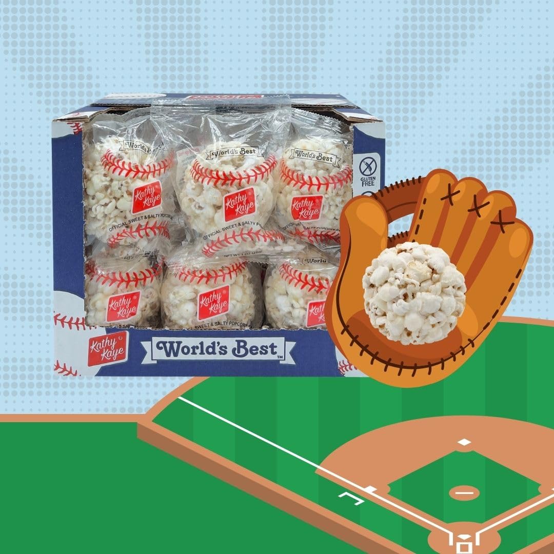 Kathy Kaye Baseball Sweet & Salty Popcorn Balls – 18 Count Box for Game Day & Parties