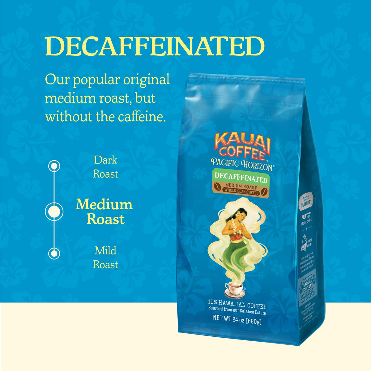 Kauai Coffee Whole Bean Decaf Medium Roast Arabica – Floral Notes & Bright Aroma | 24oz
